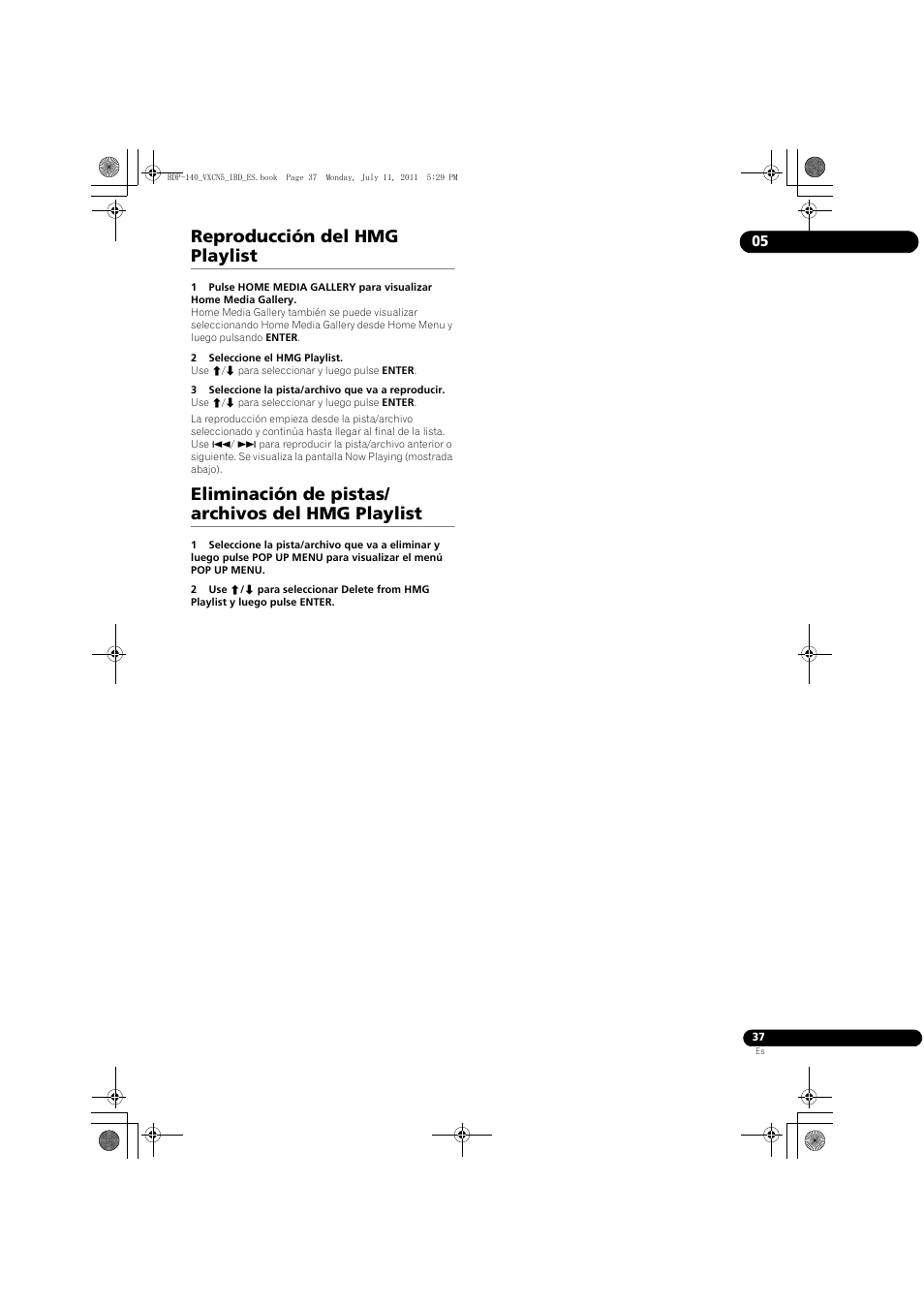 Reproducción del hmg playlist, Eliminación de pistas/ archivos del hmg playlist | Pioneer BDP-440 User Manual | Page 281 / 308