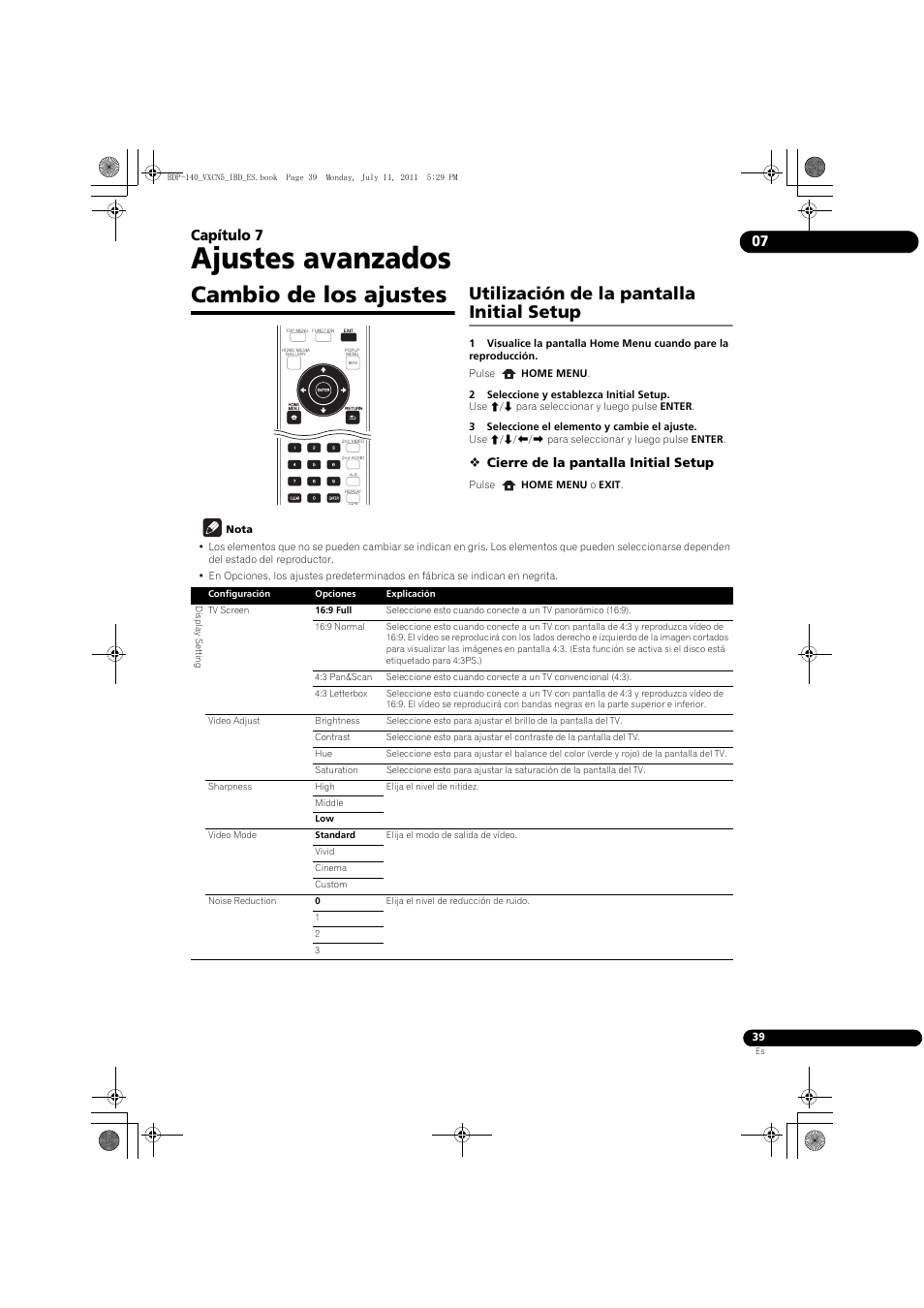 Cambio de los ajustes, Utilización de la pantalla initial setup, Ajustes avanzados | 07 capítulo 7 | Pioneer BDP-440 User Manual | Page 283 / 308