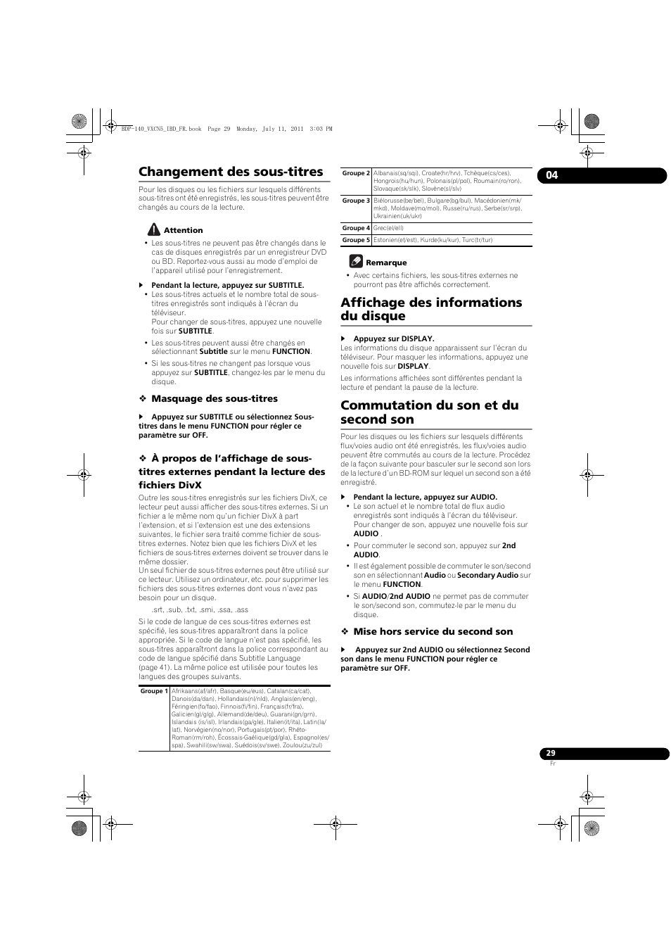 Changement des sous-titres, Affichage des informations du disque, Commutation du son et du second son | Pioneer BDP-440 User Manual | Page 29 / 308