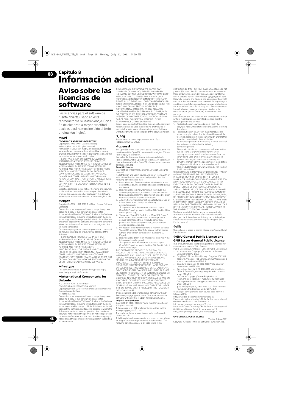 Aviso sobre las licencias de software, Información adicional, Capítulo 8 | Pioneer BDP-440 User Manual | Page 292 / 308