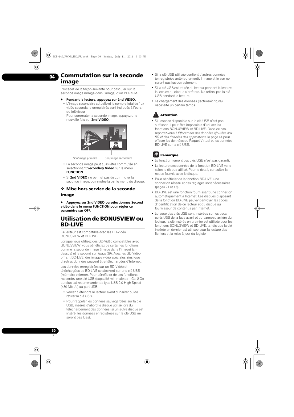 Commutation sur la seconde image, Utilisation de bonusview ou bd-live | Pioneer BDP-440 User Manual | Page 30 / 308