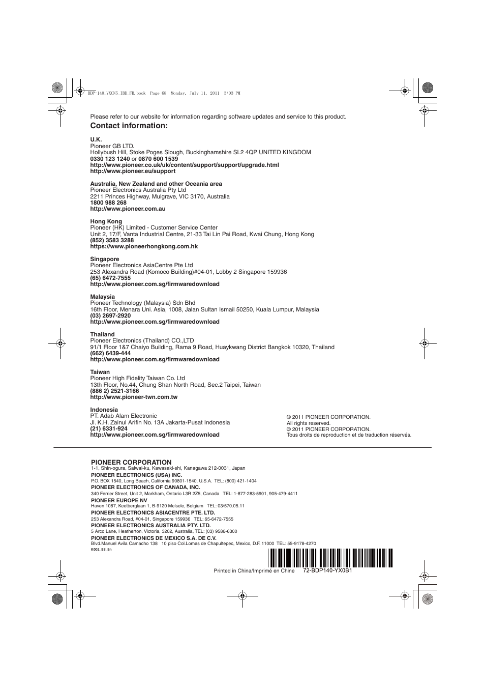 Contact information | Pioneer BDP-440 User Manual | Page 308 / 308