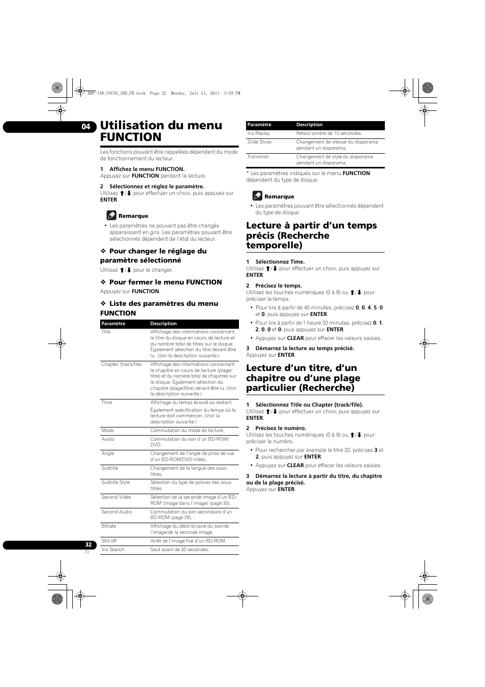 Utilisation du menu function | Pioneer BDP-440 User Manual | Page 32 / 308