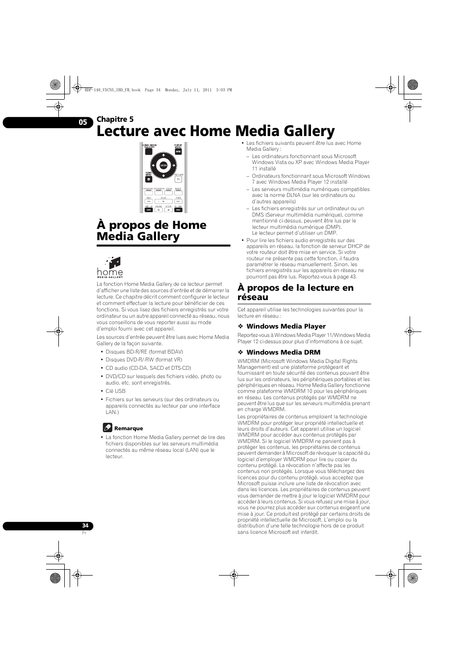 À propos de home media gallery, À propos de la lecture en réseau, Lecture avec home media gallery | Pioneer BDP-440 User Manual | Page 34 / 308