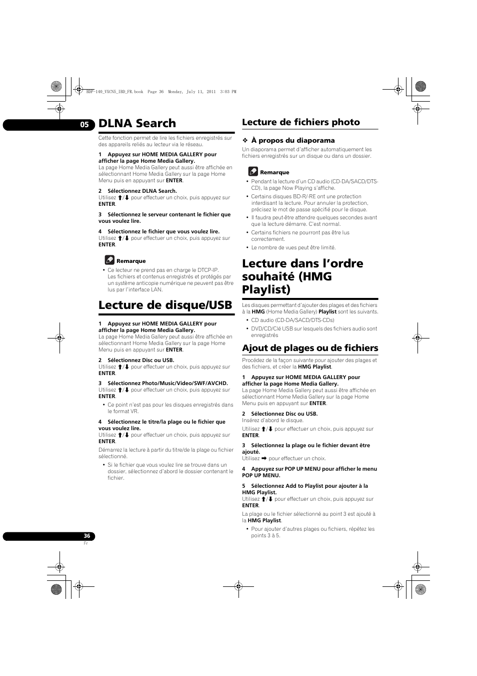 Recherche dlna lecture de disque/usb, Lecture de fichiers photo, Ajout de plages ou de fichiers | Dlna search, Lecture de disque/usb, Lecture dans l’ordre souhaité (hmg playlist) | Pioneer BDP-440 User Manual | Page 36 / 308