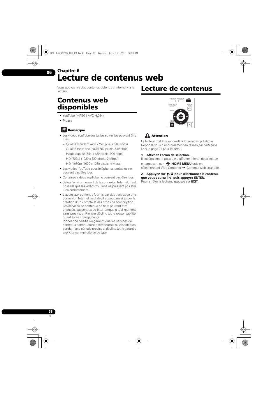 Contenus web disponibles lecture de contenus, Lecture de contenus web, Contenus web disponibles | Lecture de contenus | Pioneer BDP-440 User Manual | Page 38 / 308