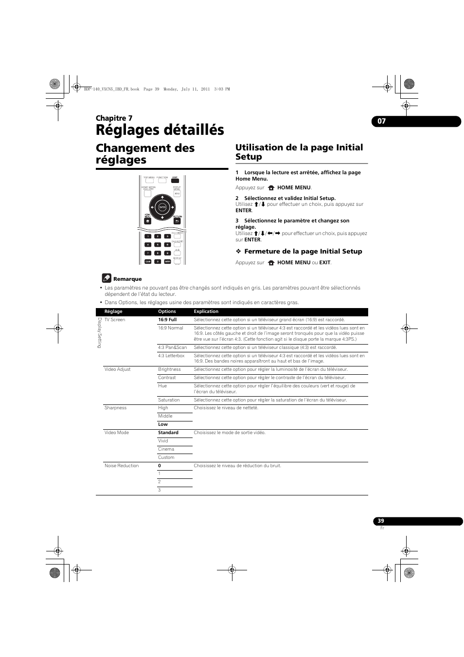 Changement des réglages, Réglages détaillés, Utilisation de la page initial setup | 07 chapitre 7 | Pioneer BDP-440 User Manual | Page 39 / 308