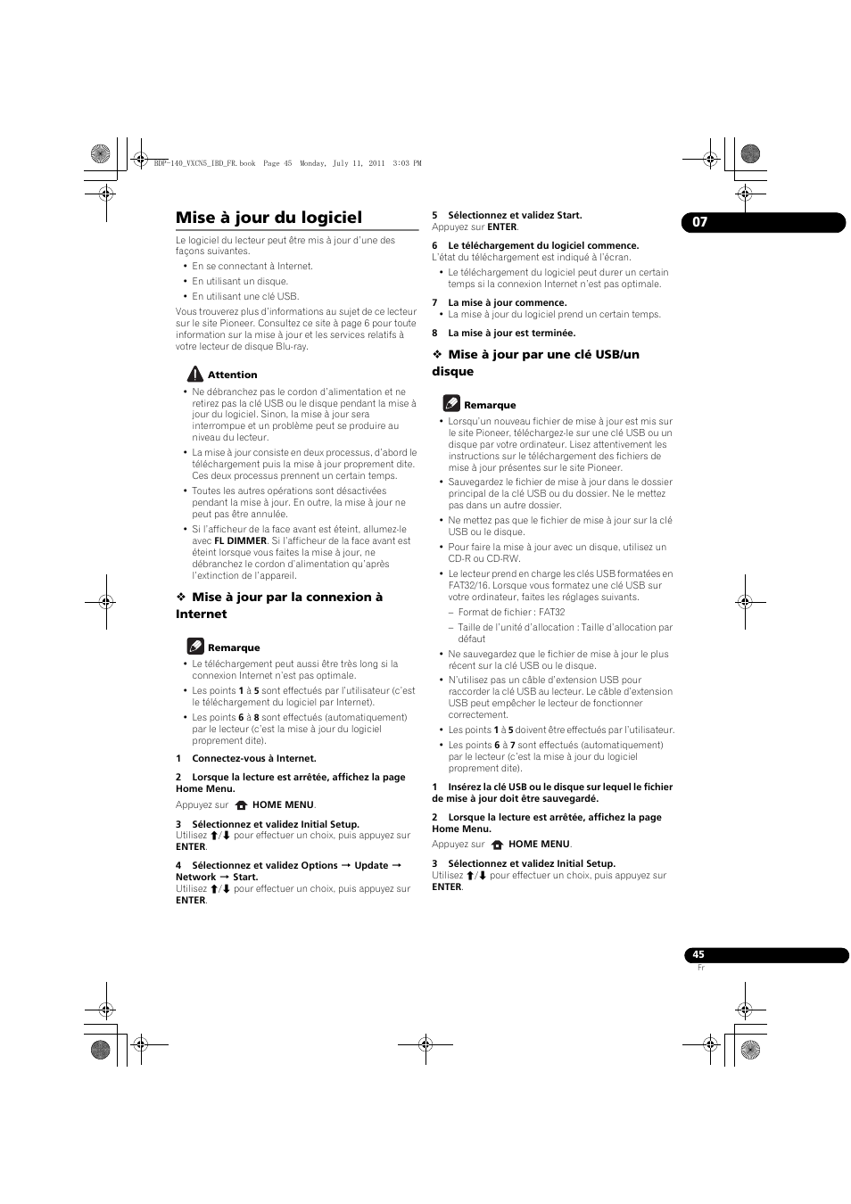 Mise à jour du logiciel | Pioneer BDP-440 User Manual | Page 45 / 308