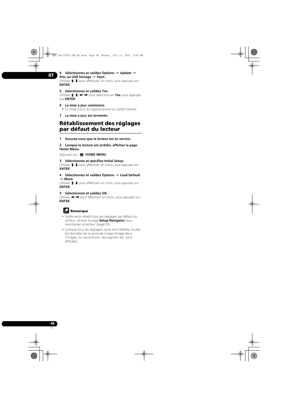 Rétablissement des réglages par défaut du lecteur | Pioneer BDP-440 User Manual | Page 46 / 308