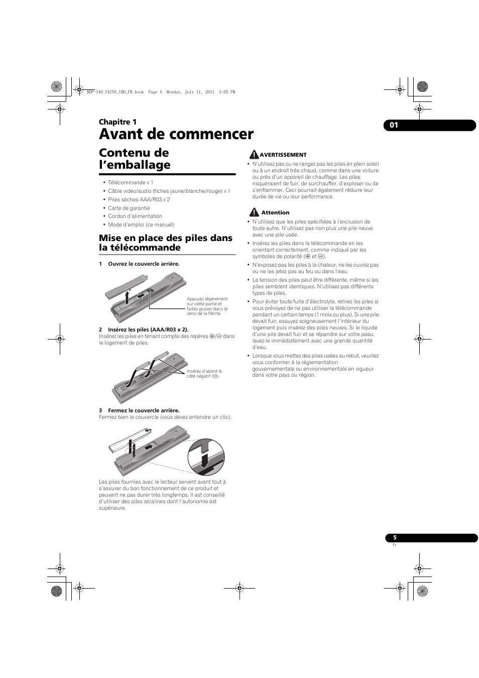 Contenu de l’emballage, Mise en place des piles dans la télécommande, Avant de commencer | 01 chapitre 1 | Pioneer BDP-440 User Manual | Page 5 / 308