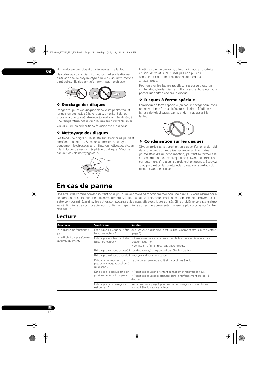 En cas de panne, Lecture | Pioneer BDP-440 User Manual | Page 58 / 308