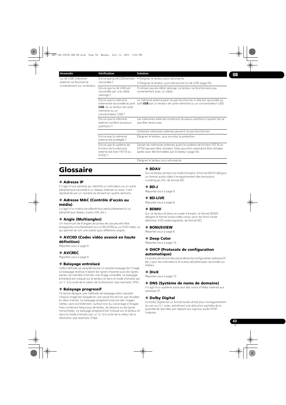 Glossaire | Pioneer BDP-440 User Manual | Page 63 / 308