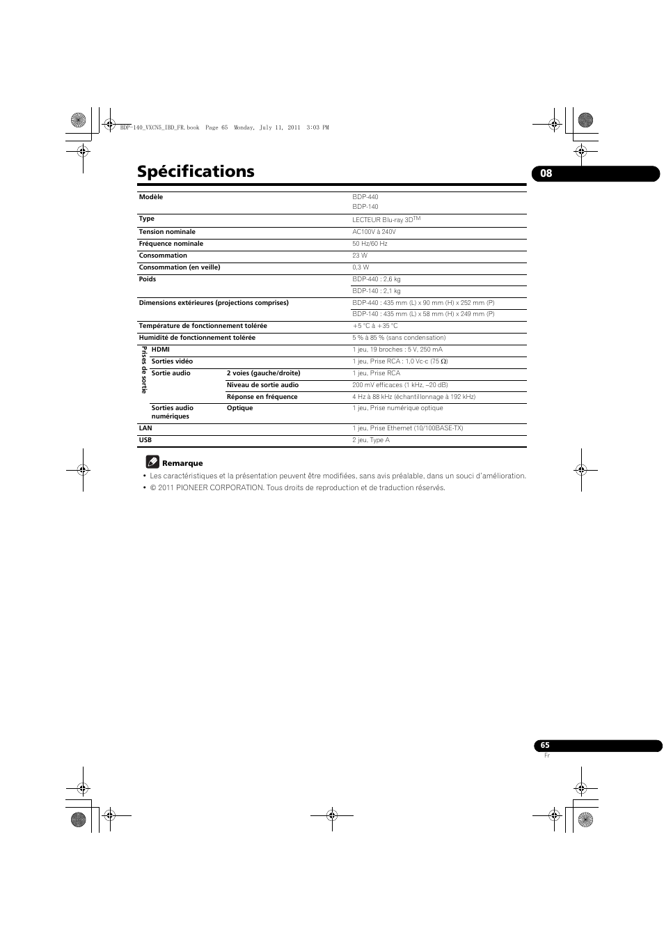 Spécifications | Pioneer BDP-440 User Manual | Page 65 / 308