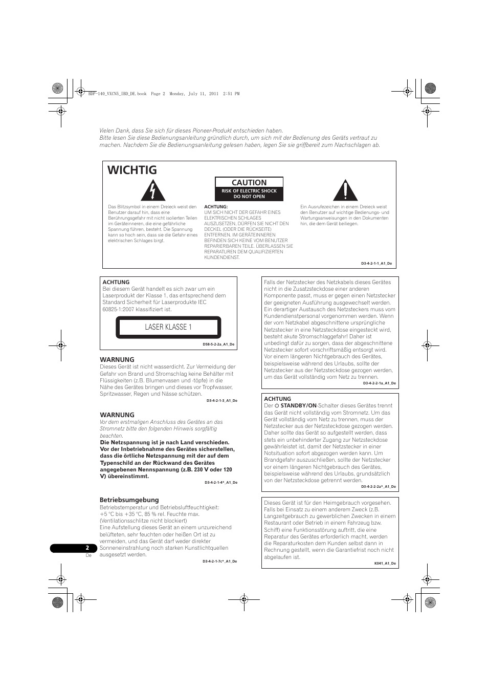 Wichtig, Caution, Laser klasse 1 | Pioneer BDP-440 User Manual | Page 66 / 308