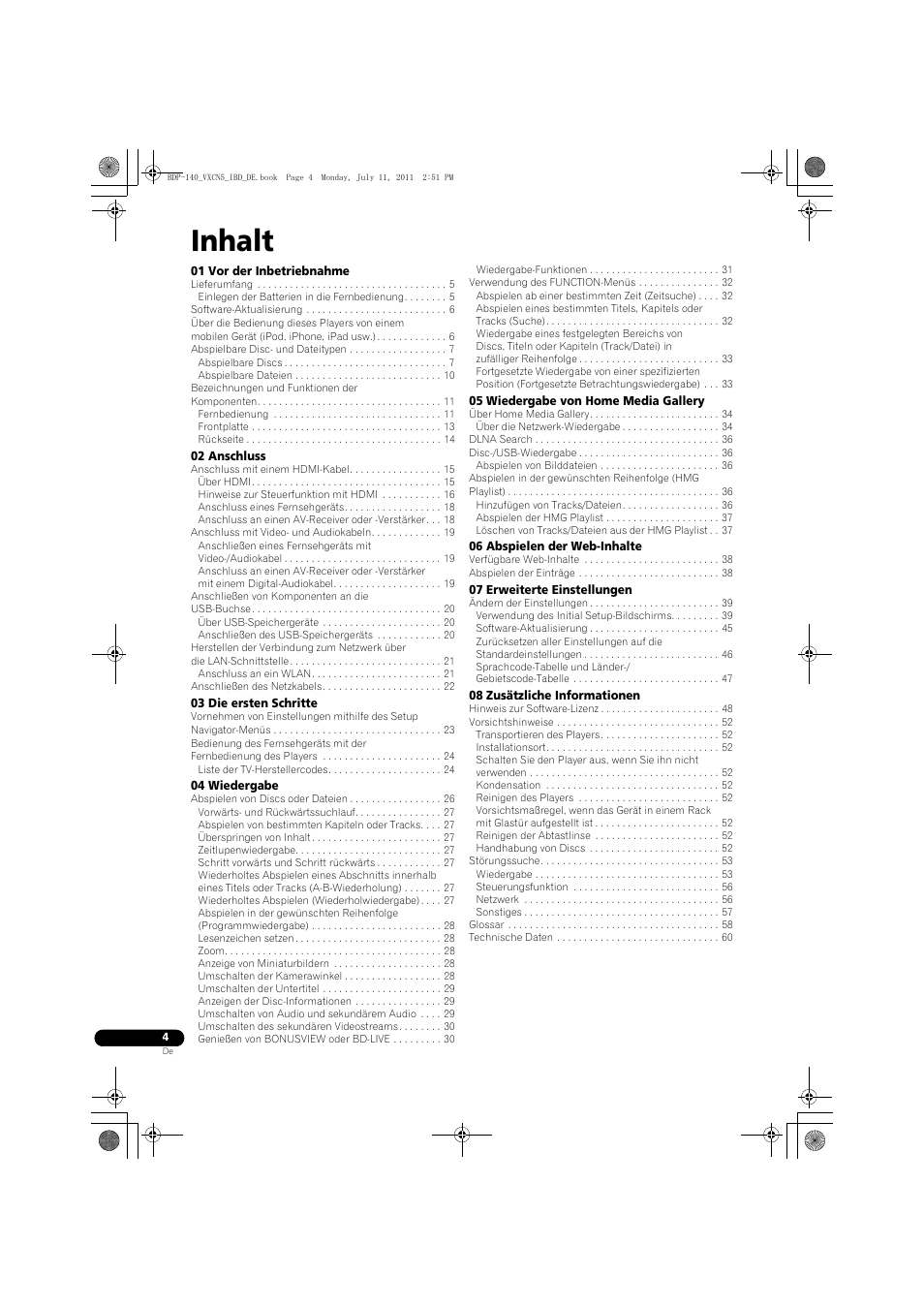 Ungsanleitung | istr, Blu-ray 3d™ spieler, Inhalt | Pioneer BDP-440 User Manual | Page 68 / 308