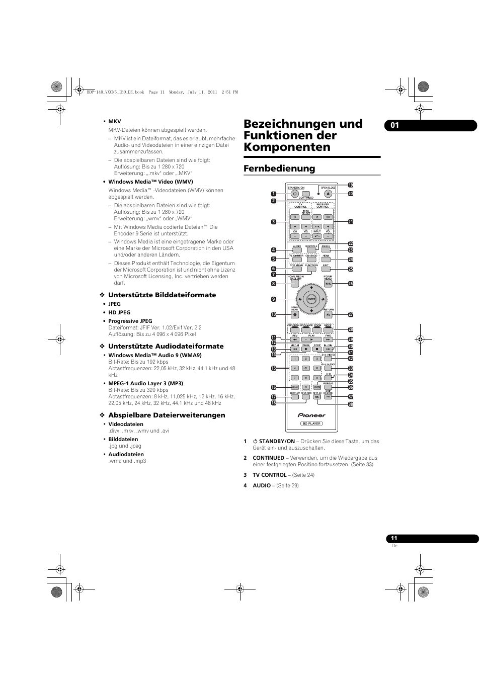 Bezeichnungen und funktionen der komponenten, Fernbedienung | Pioneer BDP-440 User Manual | Page 75 / 308