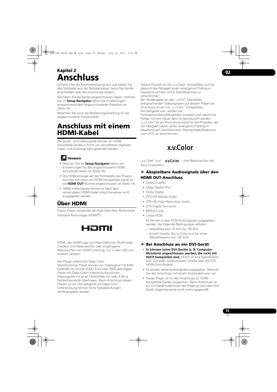 Anschluss mit einem hdmi-kabel, Über hdmi, Anschluss | 02 kapitel 2 | Pioneer BDP-440 User Manual | Page 79 / 308