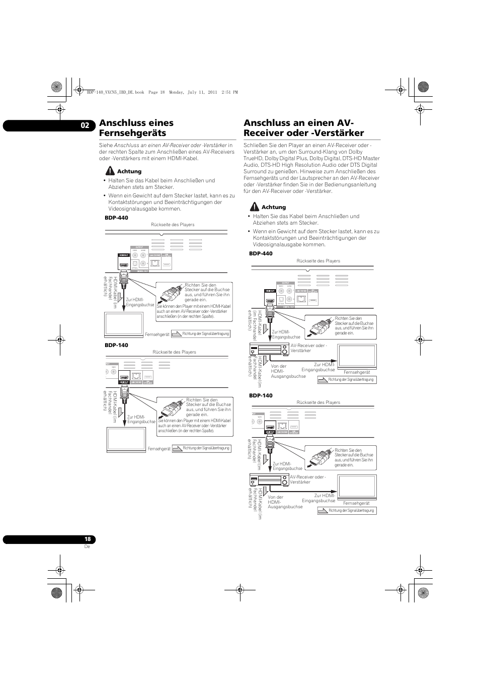 Anschluss eines fernsehgeräts, Anschluss an einen av- receiver oder -verstärker | Pioneer BDP-440 User Manual | Page 82 / 308