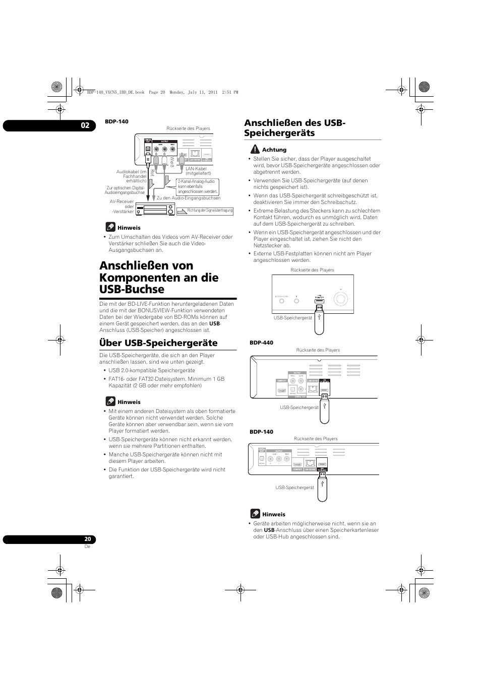 Anschließen von komponenten an die usb-buchse, Über usb-speichergeräte, Anschließen des usb- speichergeräts | Pioneer BDP-440 User Manual | Page 84 / 308