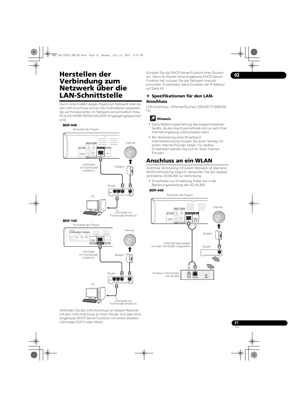 Anschluss an ein wlan, Spezifikationen für den lan- anschluss | Pioneer BDP-440 User Manual | Page 85 / 308