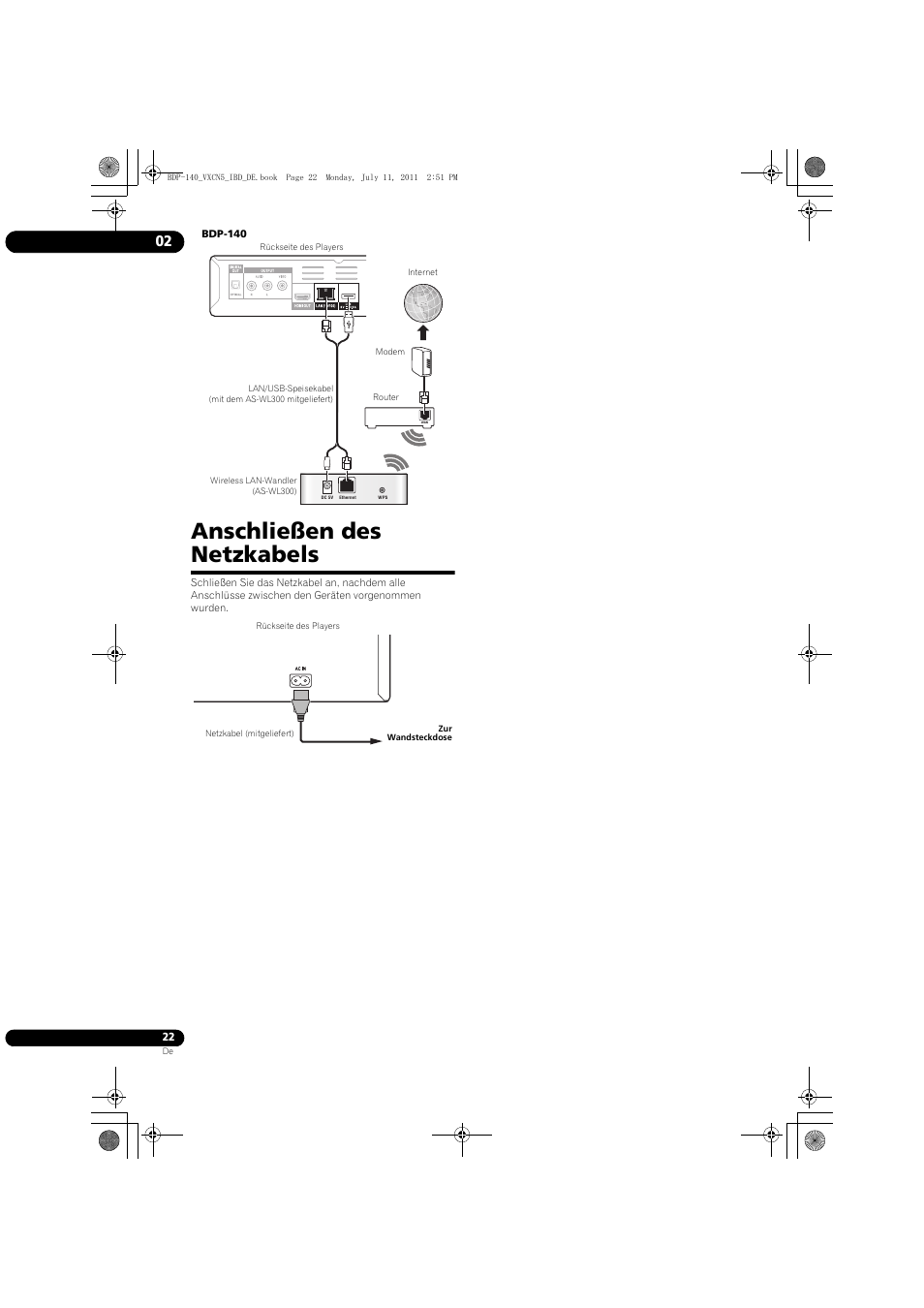 Anschließen des netzkabels | Pioneer BDP-440 User Manual | Page 86 / 308