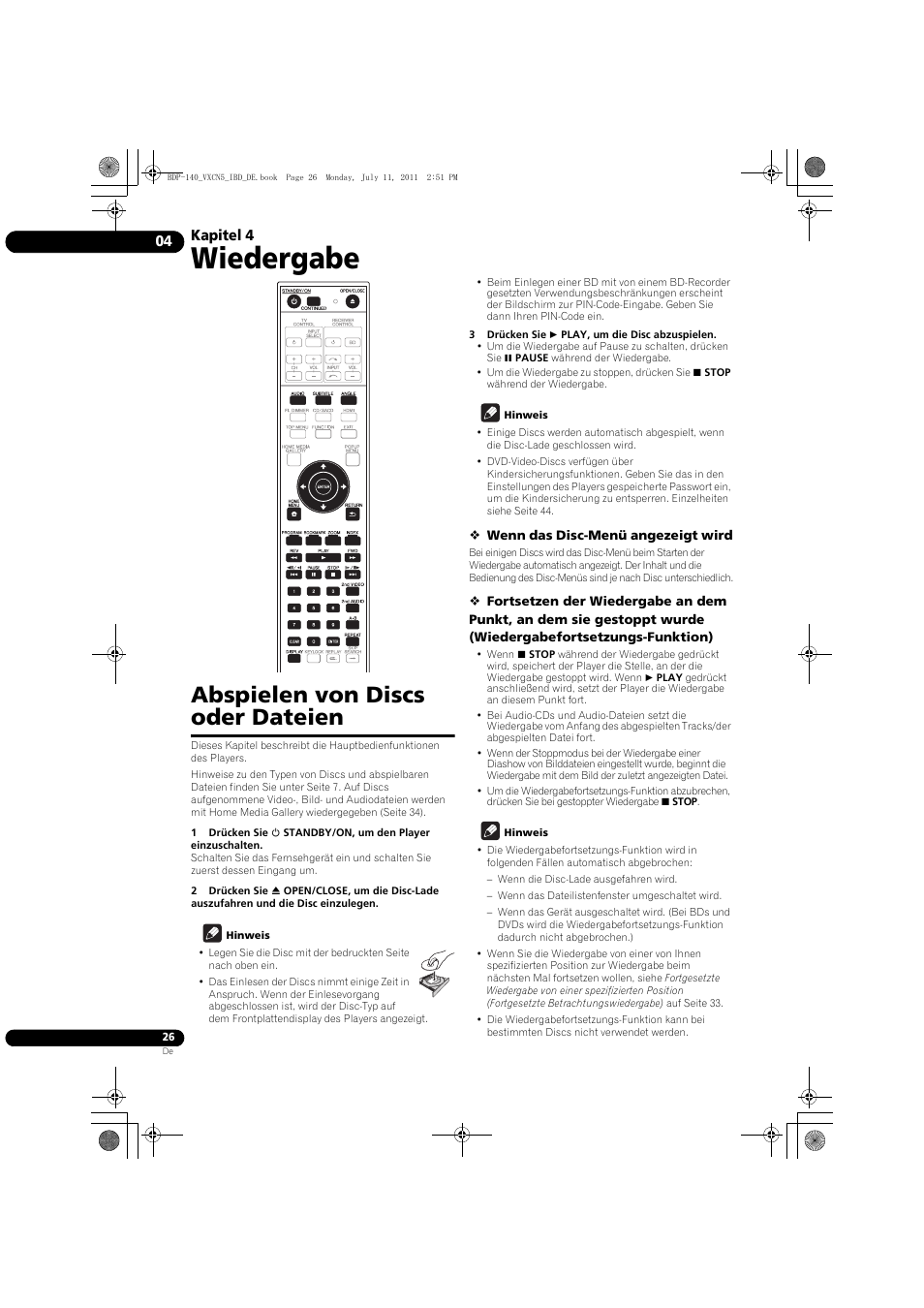 Abspielen von discs oder dateien, Wiedergabe, Kapitel 4 | Pioneer BDP-440 User Manual | Page 90 / 308