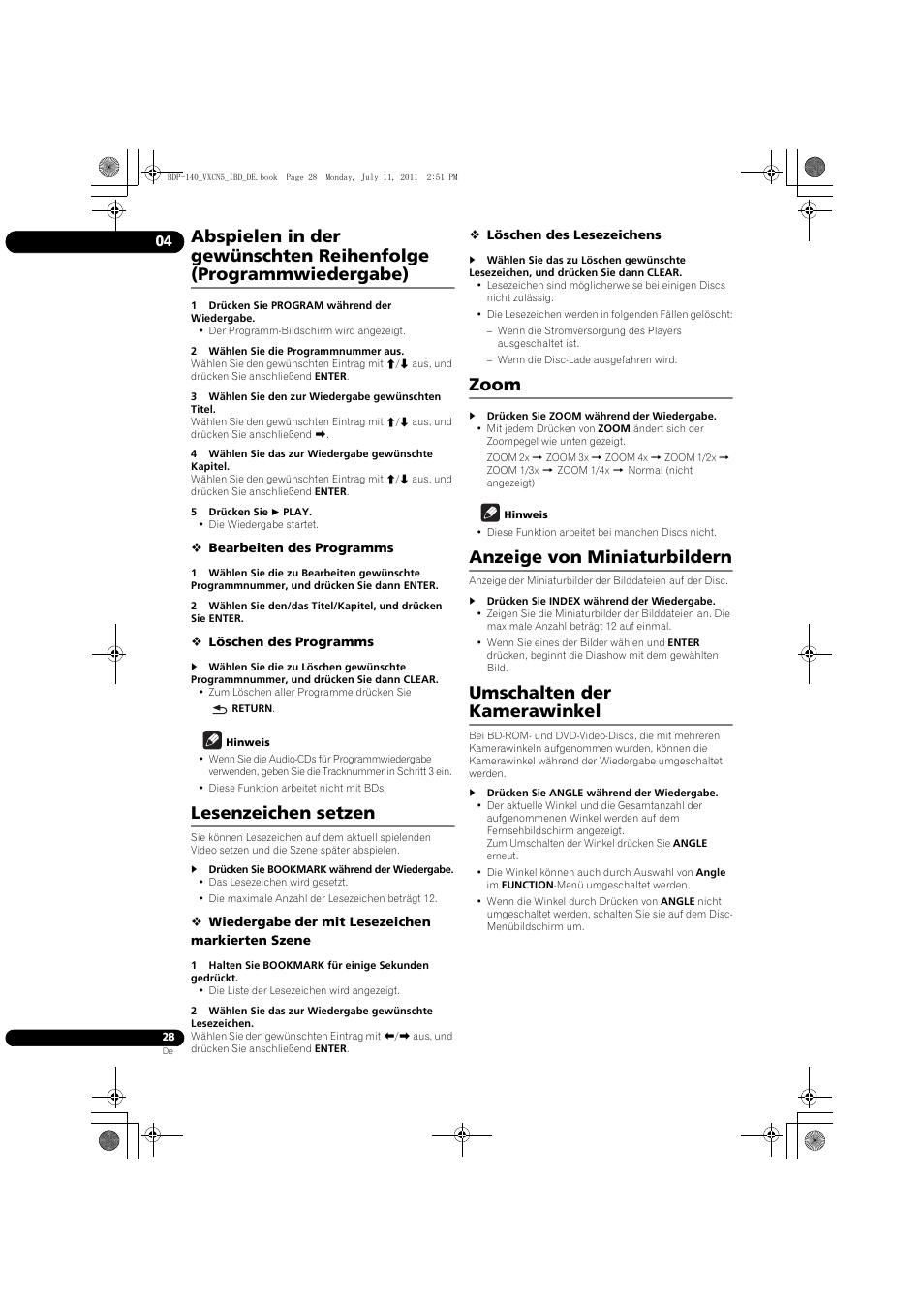 Lesenzeichen setzen, Zoom, Anzeige von miniaturbildern | Umschalten der kamerawinkel | Pioneer BDP-440 User Manual | Page 92 / 308