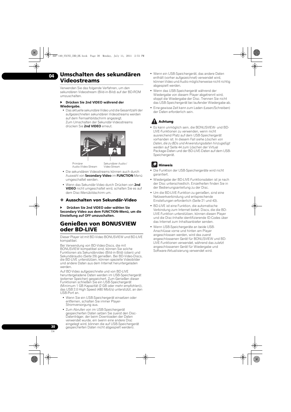 Umschalten des sekundären videostreams, Genießen von bonusview oder bd-live | Pioneer BDP-440 User Manual | Page 94 / 308