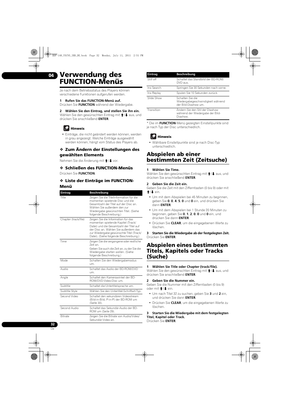 Verwendung des function-menüs, Abspielen ab einer bestimmten zeit (zeitsuche) | Pioneer BDP-440 User Manual | Page 96 / 308