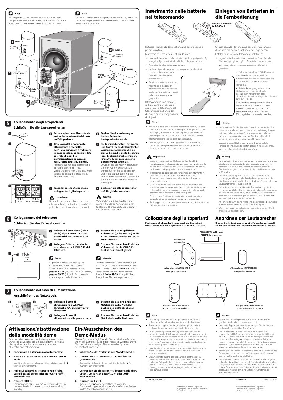 Collocazione degli altoparlanti, Anordnen der lautsprecher, Attivazione/disattivazione della modalità demo | Ein-/ausschalten des demo-modus, Optical | Pioneer NS-DV1000 User Manual | Page 2 / 2