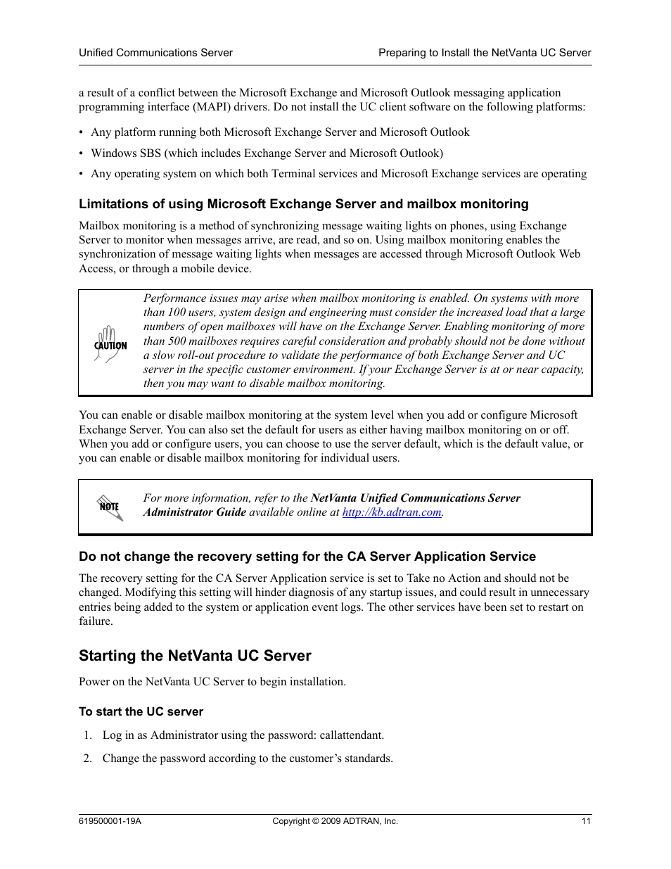 Starting the netvanta uc server | ADTRAN 619500001-19A User Manual | Page 11 / 27