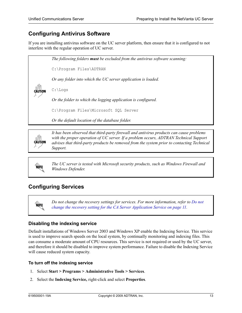 Configuring antivirus software, Configuring services | ADTRAN 619500001-19A User Manual | Page 13 / 27