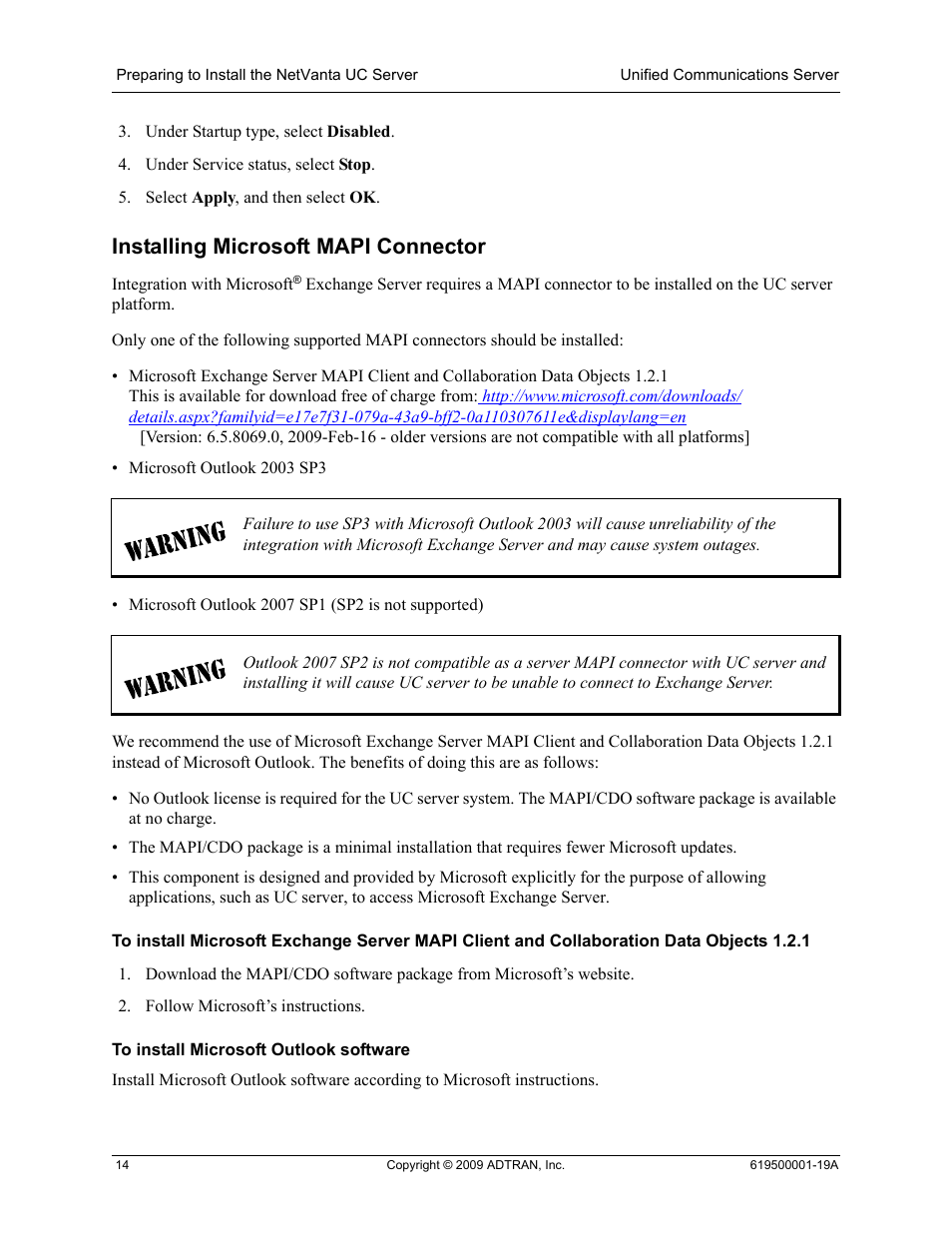 Installing microsoft mapi connector | ADTRAN 619500001-19A User Manual | Page 14 / 27
