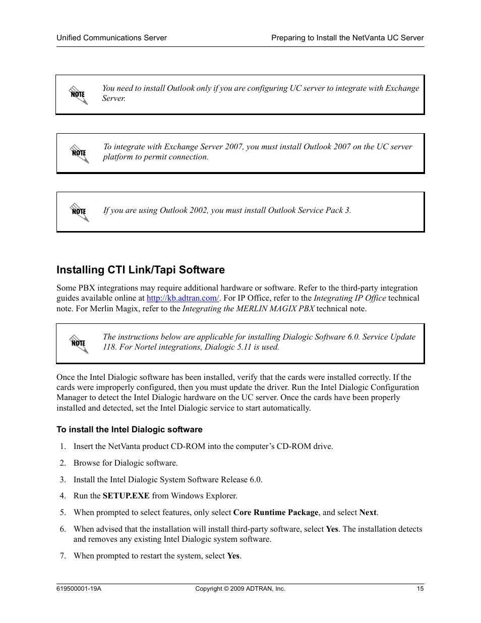 Installing cti link/tapi software | ADTRAN 619500001-19A User Manual | Page 15 / 27