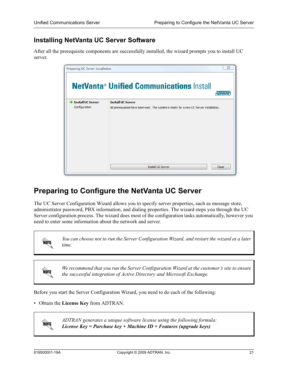 Installing netvanta uc server software, Preparing to configure the netvanta uc server, Installing netvanta uc server software on | Preparing to configure the netvanta uc | ADTRAN 619500001-19A User Manual | Page 21 / 27