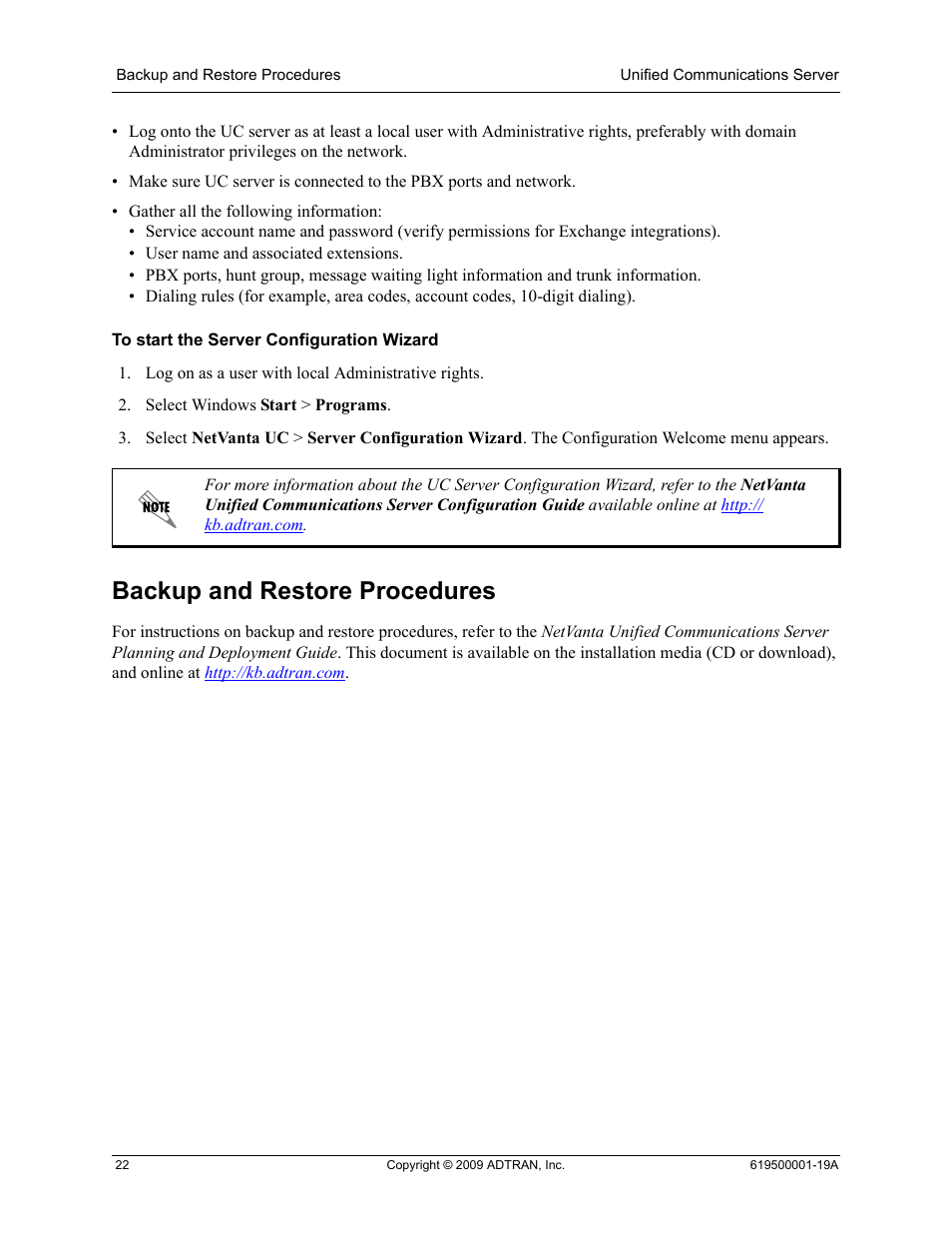 Backup and restore procedures | ADTRAN 619500001-19A User Manual | Page 22 / 27