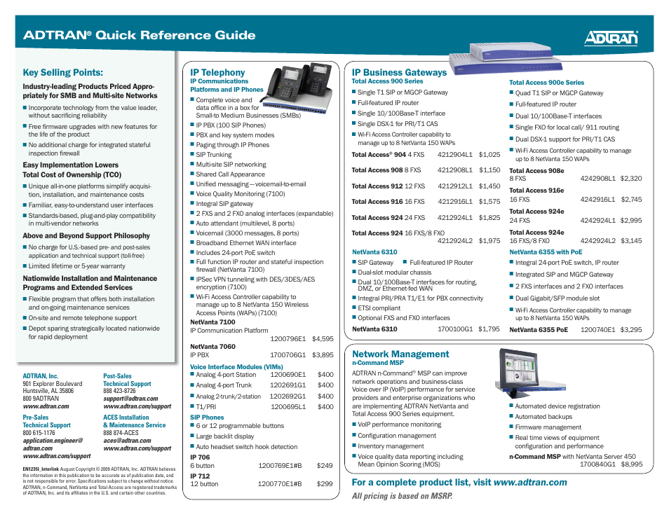 Adtran, Quick reference guide, Ip telephony | Ip business gateways, Key selling points, Network management | ADTRAN NETVANTA 3120 User Manual | Page 2 / 2