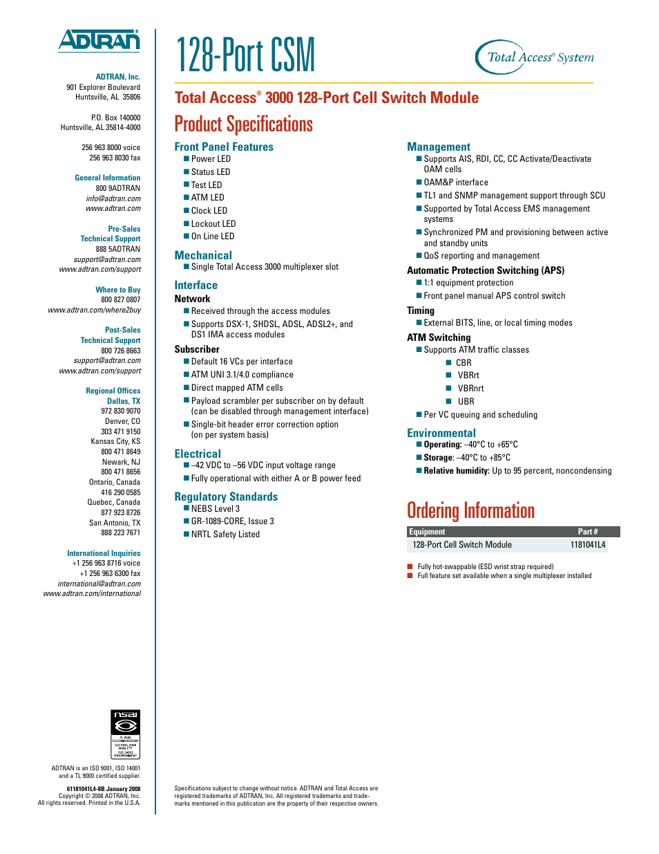 Port csm, Product specifications, Ordering information | Total access, Front panel features, Mechanical, Interface, Electrical, Regulatory standards, Management | ADTRAN Total Access 128-Port CSM User Manual | Page 2 / 2