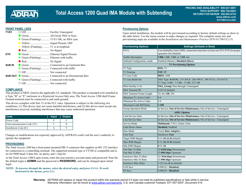 Total access 1200 quad ima module with subtending | ADTRAN 1200 User Manual | Page 2 / 2