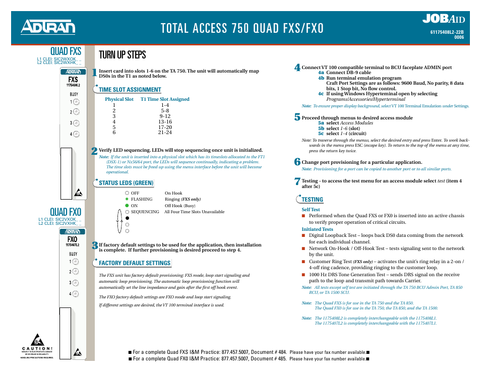 ADTRAN /FXS/FXO 850 Quad User Manual | 2 pages