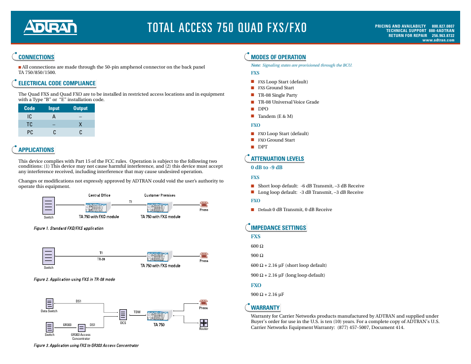 Total access 750 quad fxs/fxo | ADTRAN /FXS/FXO 850 Quad User Manual | Page 2 / 2