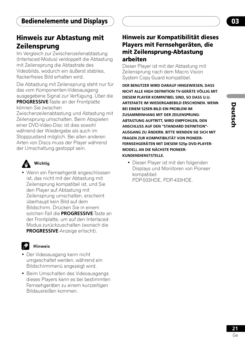 Hinweis zur abtastung mit zeilensprung, Bedienelemente und displays 03, Deutsch | Pioneer DV-757Ai User Manual | Page 105 / 172