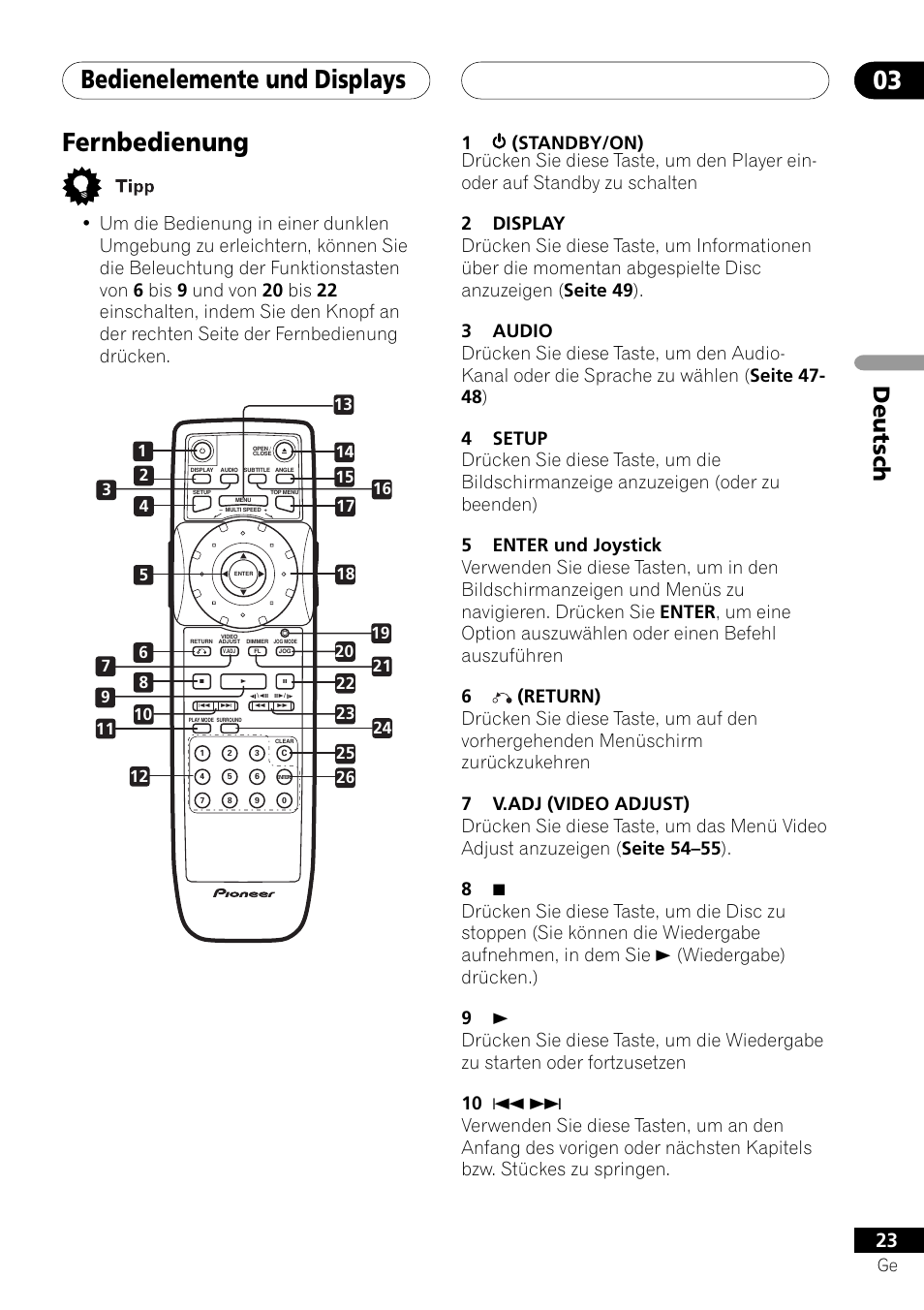 Fernbedienung, Bedienelemente und displays 03, Deutsch | Pioneer DV-757Ai User Manual | Page 107 / 172