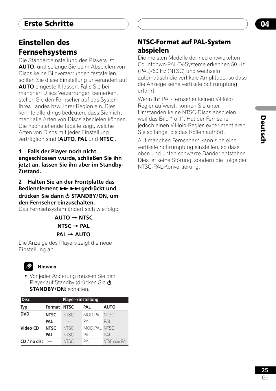 Einstellen des fernsehsystems, Ntsc-format auf pal-system abspielen, Erste schritte 04 | Deutsch | Pioneer DV-757Ai User Manual | Page 109 / 172
