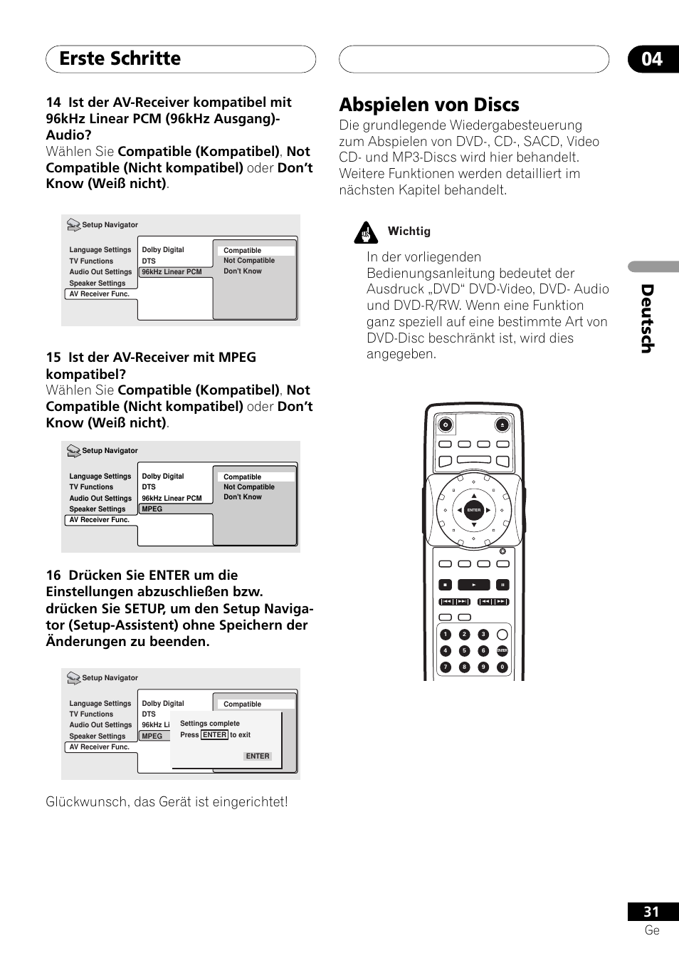 Abspielen von discs, Erste schritte 04, Deutsch | Glückwunsch, das gerät ist eingerichtet | Pioneer DV-757Ai User Manual | Page 115 / 172