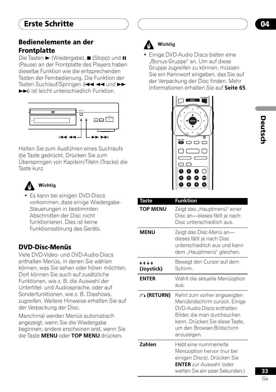 Bedienelemente an der frontplatte dvd-disc-menüs, Erste schritte 04, Deutsch | Bedienelemente an der frontplatte, Dvd-disc-menüs, Joystick) | Pioneer DV-757Ai User Manual | Page 117 / 172