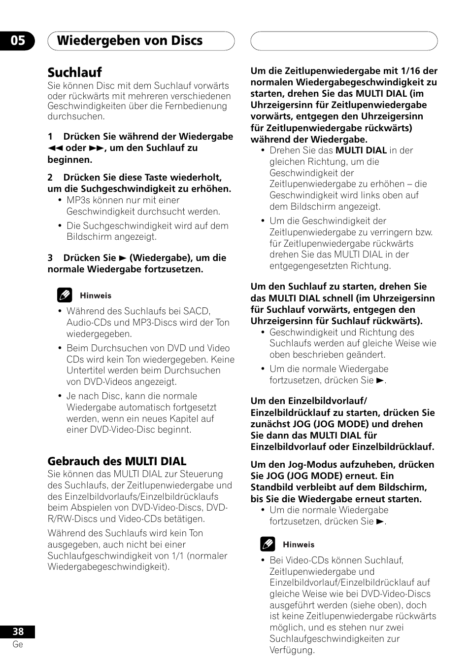 Suchlauf, Gebrauch des multi dial, Wiedergeben von discs 05 | Pioneer DV-757Ai User Manual | Page 122 / 172