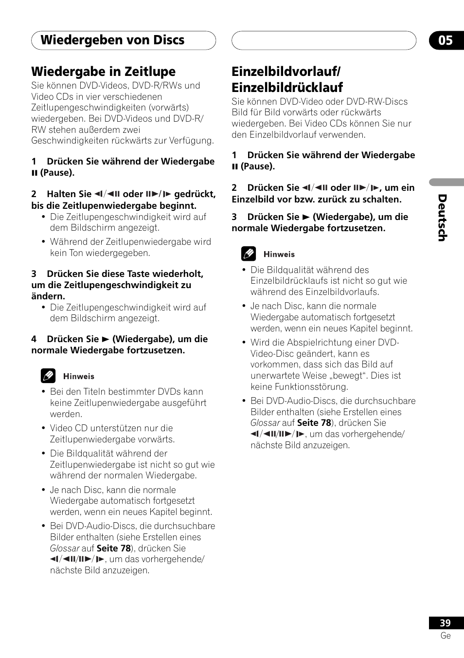 Wiedergeben von discs 05, Wiedergabe in zeitlupe, Einzelbildvorlauf/ einzelbildrücklauf | Deutsch | Pioneer DV-757Ai User Manual | Page 123 / 172