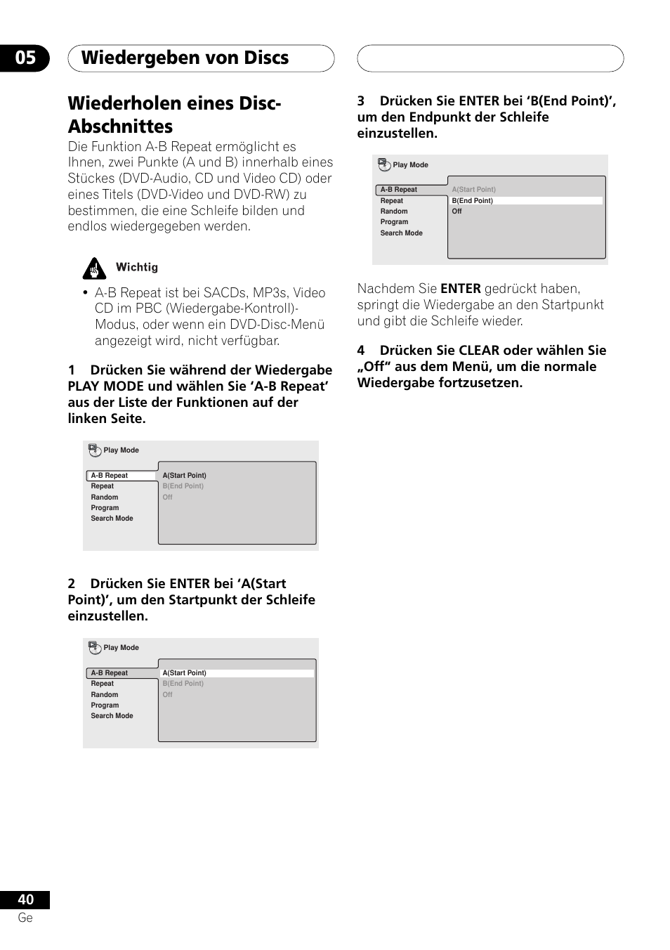 Wiederholen eines disc-abschnittes, Wiedergeben von discs 05, Wiederholen eines disc- abschnittes | Pioneer DV-757Ai User Manual | Page 124 / 172
