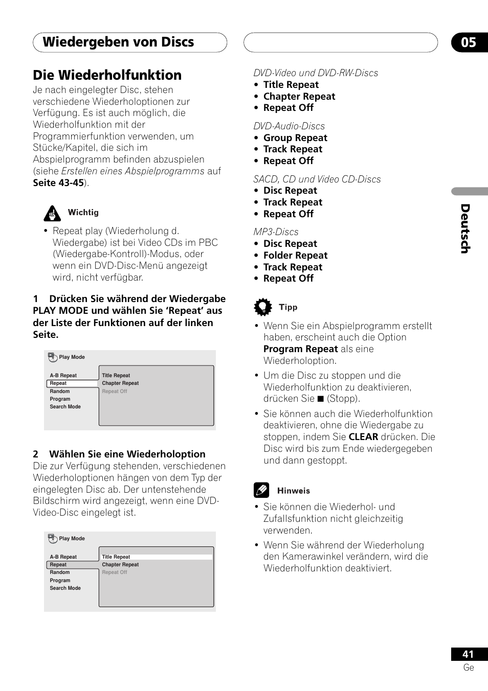 Die wiederholfunktion, Wiedergeben von discs 05, Deutsch | Pioneer DV-757Ai User Manual | Page 125 / 172